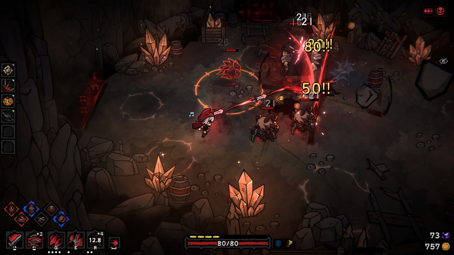 Cinderia combat screenshot showing Rue fighting enemies in a cavern room.